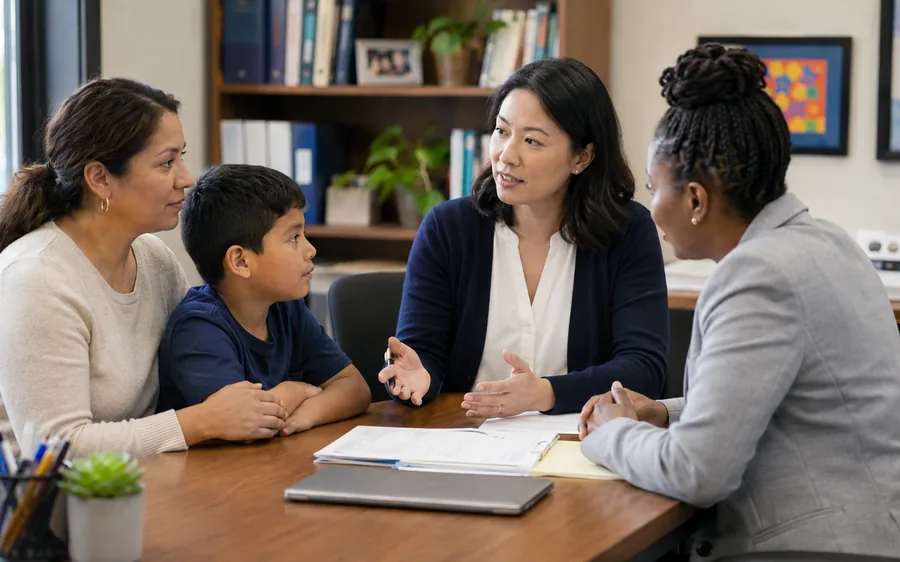Interpreter supporting a family and school team during an education meeting