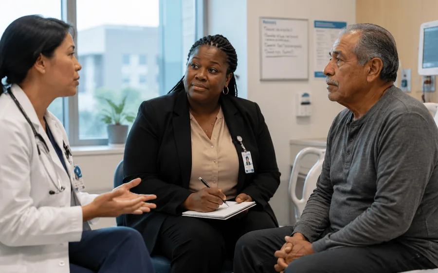 Healthcare interpreter supporting a clinician and patient during a consultation